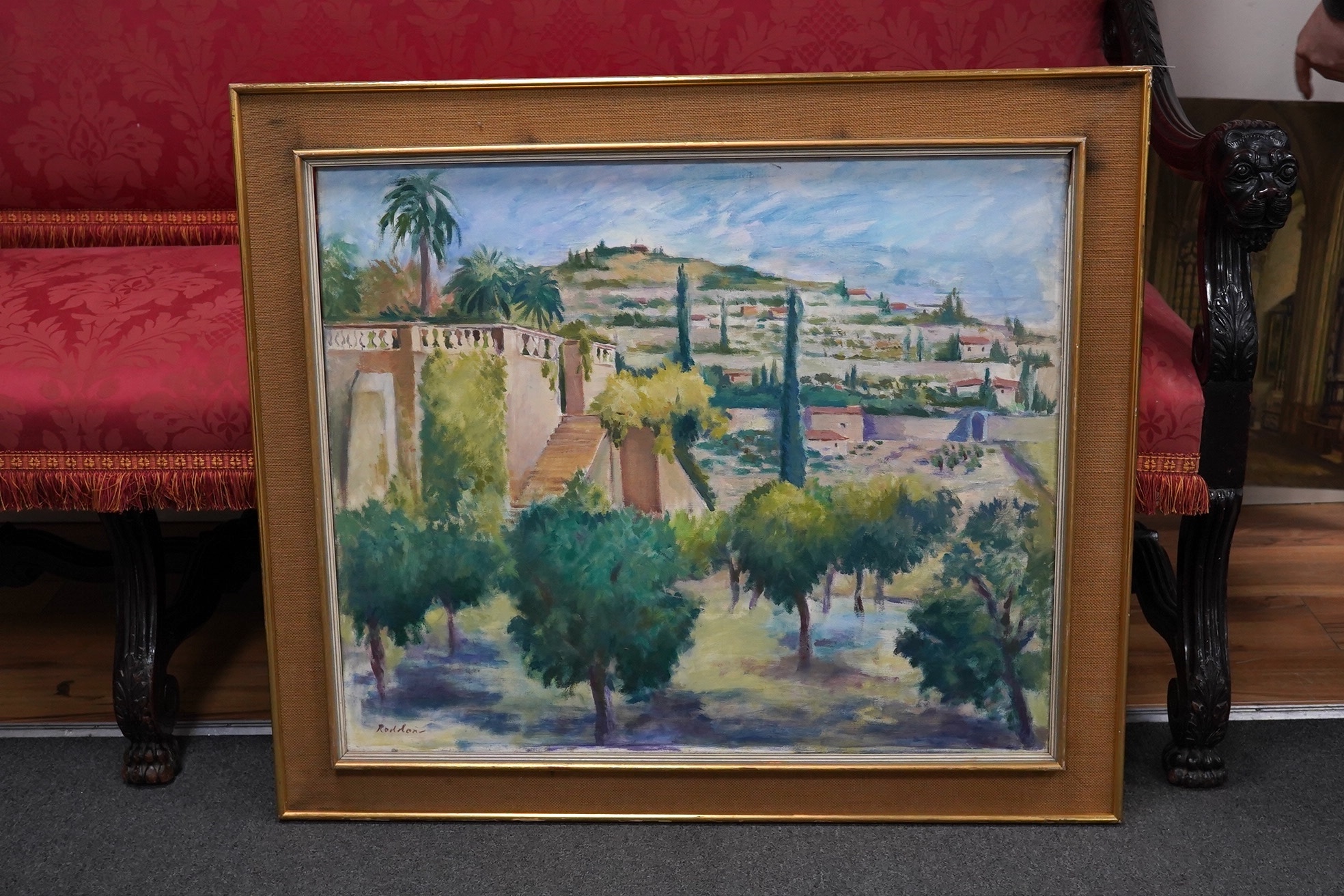 Guy Roddon (1919-2006), oil on canvas, Mediterranean landscape with trees and villas, signed, 63 x 75cm. Condition - good